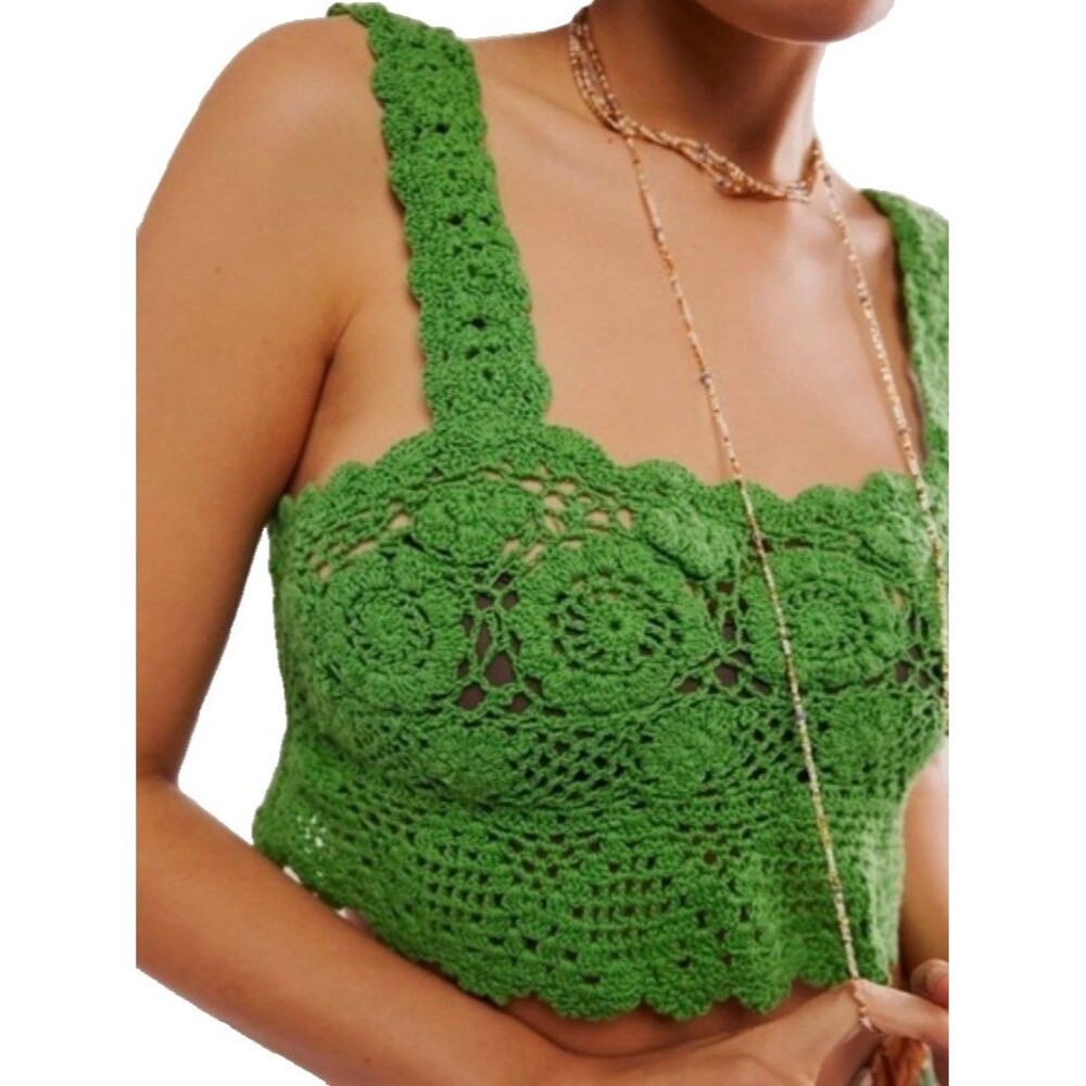 Free People Women's Crochet Crop Top Medium Green Cotton Open Knit Unlined
